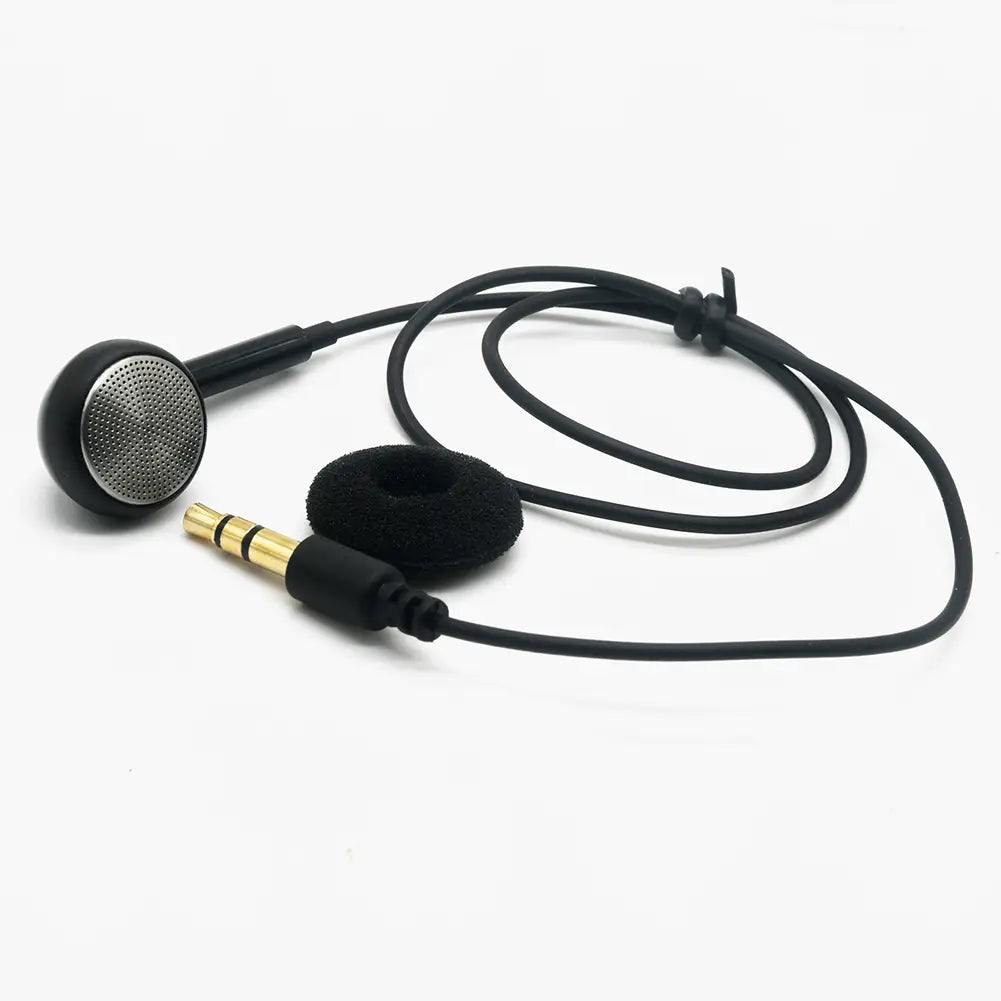 Black walkie talkie single sided mono earphone with a silver mesh grille, black foam ear tips, and a gold-plated 3.5mm audio jack on the cable.