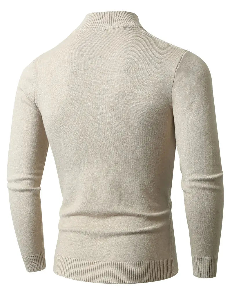 beige ribbed knit turtleneck sweater with long sleeves and fitted silhouette featured as a plus size mens half zip cable knit sweater.