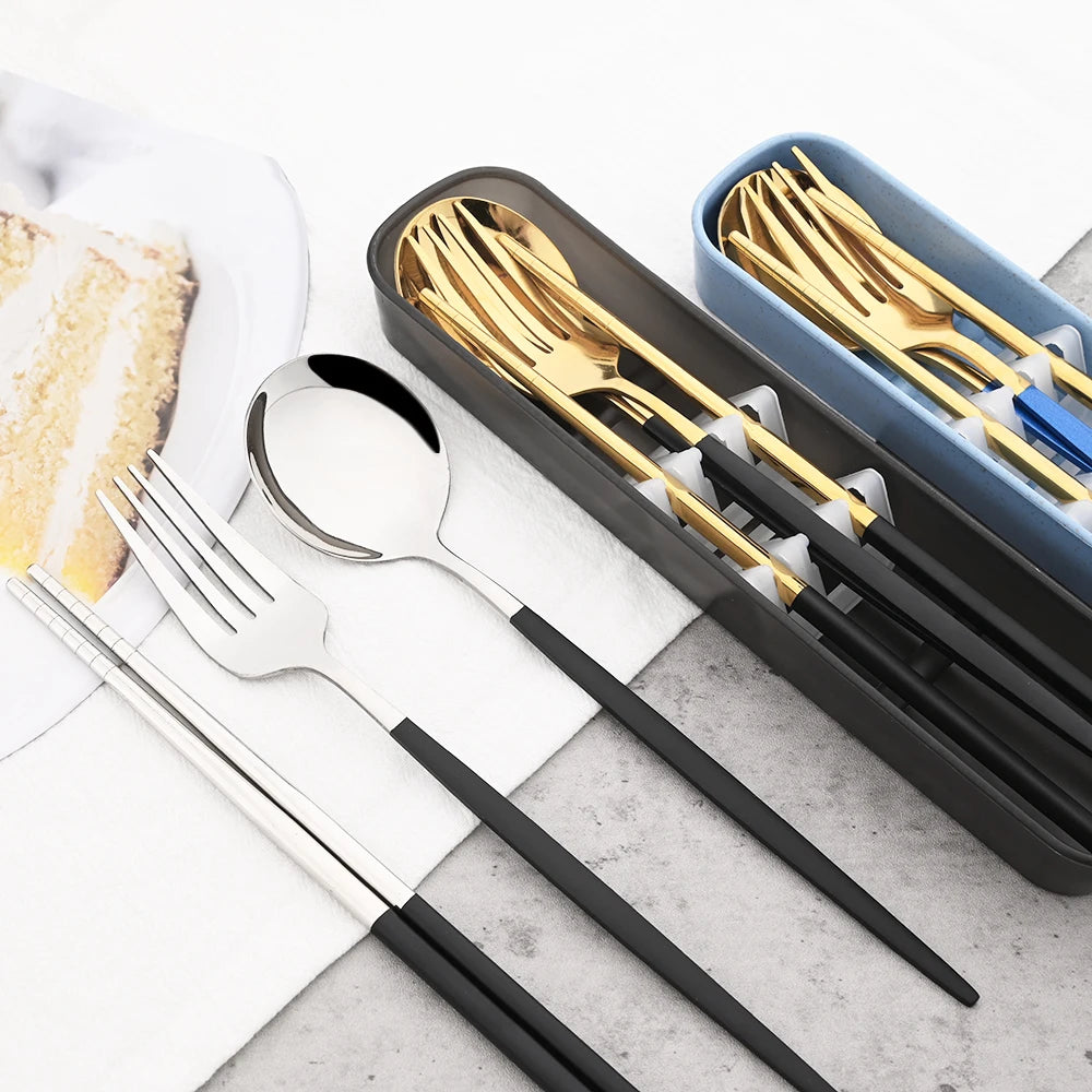 4pcs Black Silver Portable Cutlery Set Stainless Steel Cutlery Set With Storage Box For Home Kitchen Dining Household Tableware