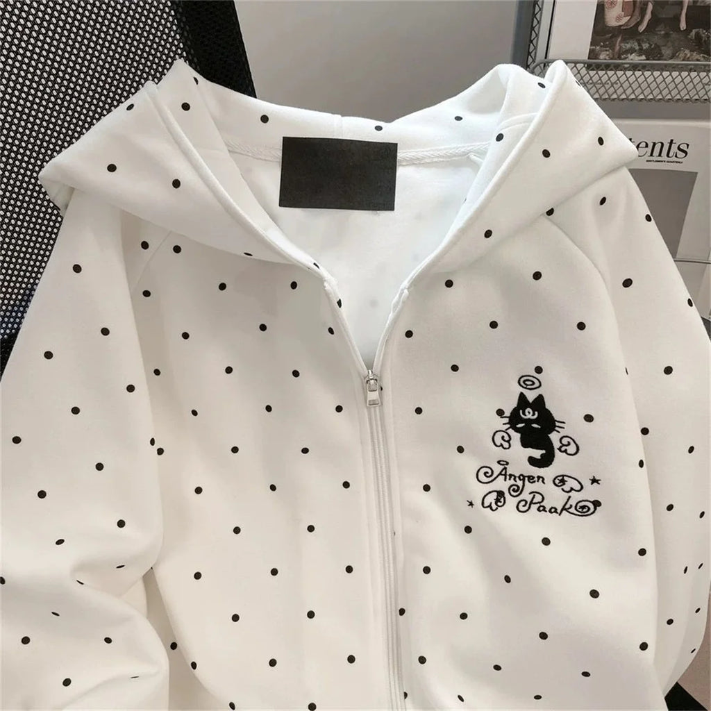 Women Dot Cartoon White Hoodies Spring Cute Long Sleeve Retro Sweatshirt Fall Japan Preppy Style Kawaii Female All Match Tops