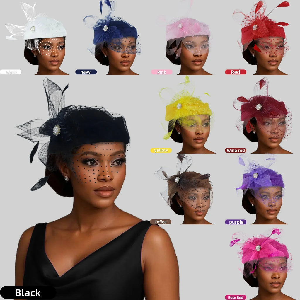 Women Bridal Fascinator with Feathers Dot Print Veil Elegant Pillbox Hats for Tea Party Wedding Church Fedoras Headscarf Bonnet