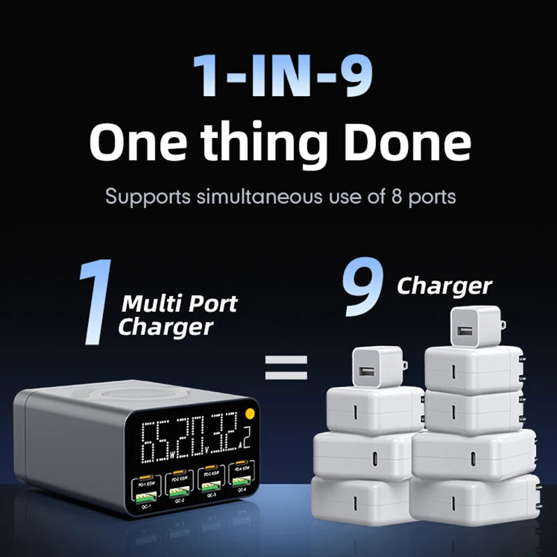 80W/120W 8 Ports Charger station Digital Display USB Type C With Wireless Charger PD QC3.0 Quick Charger For Laptop Tablet Phone