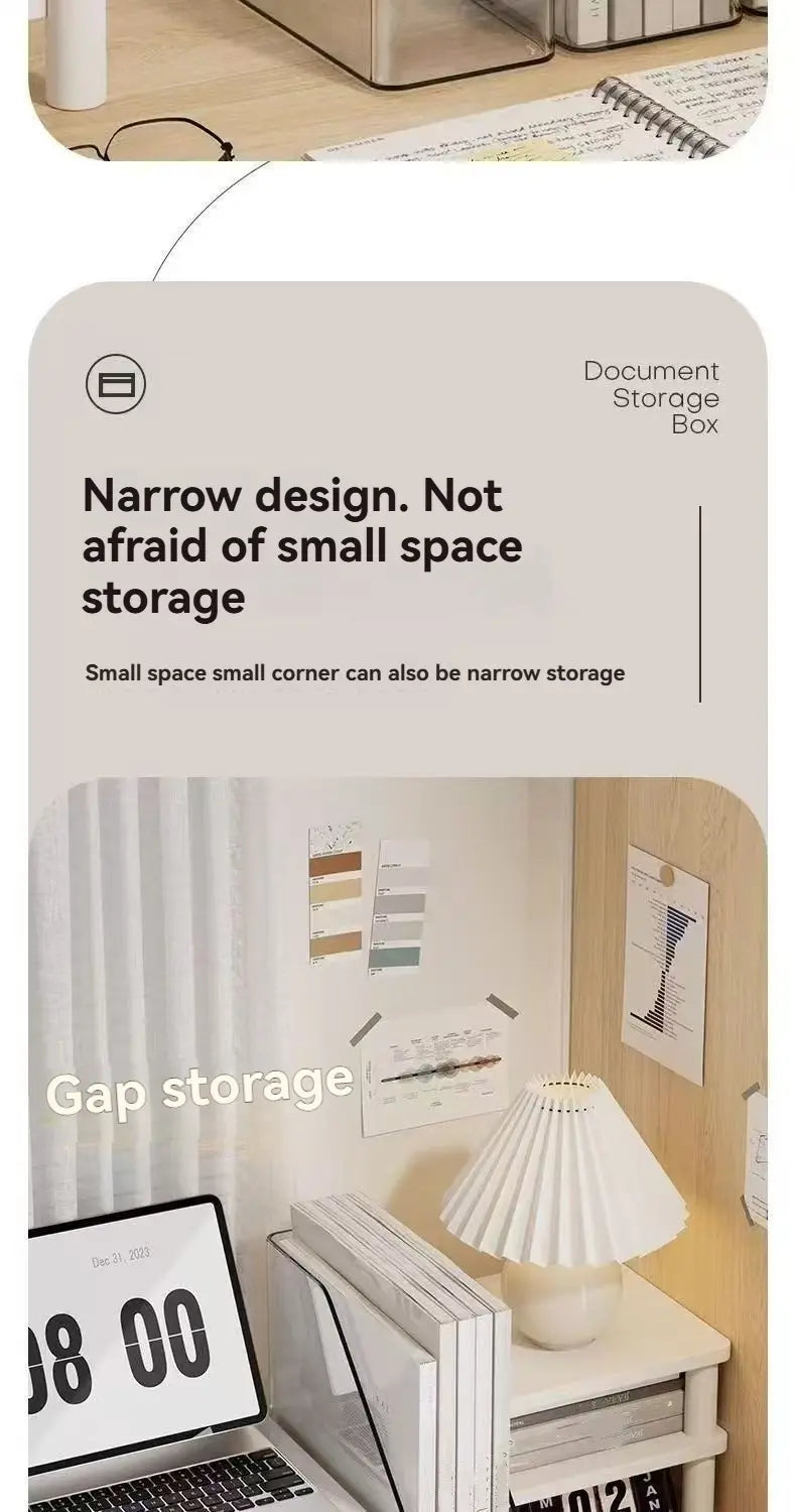White minimalist acrylic desktop book stand and file organizer with a narrow design for efficient gap storage.