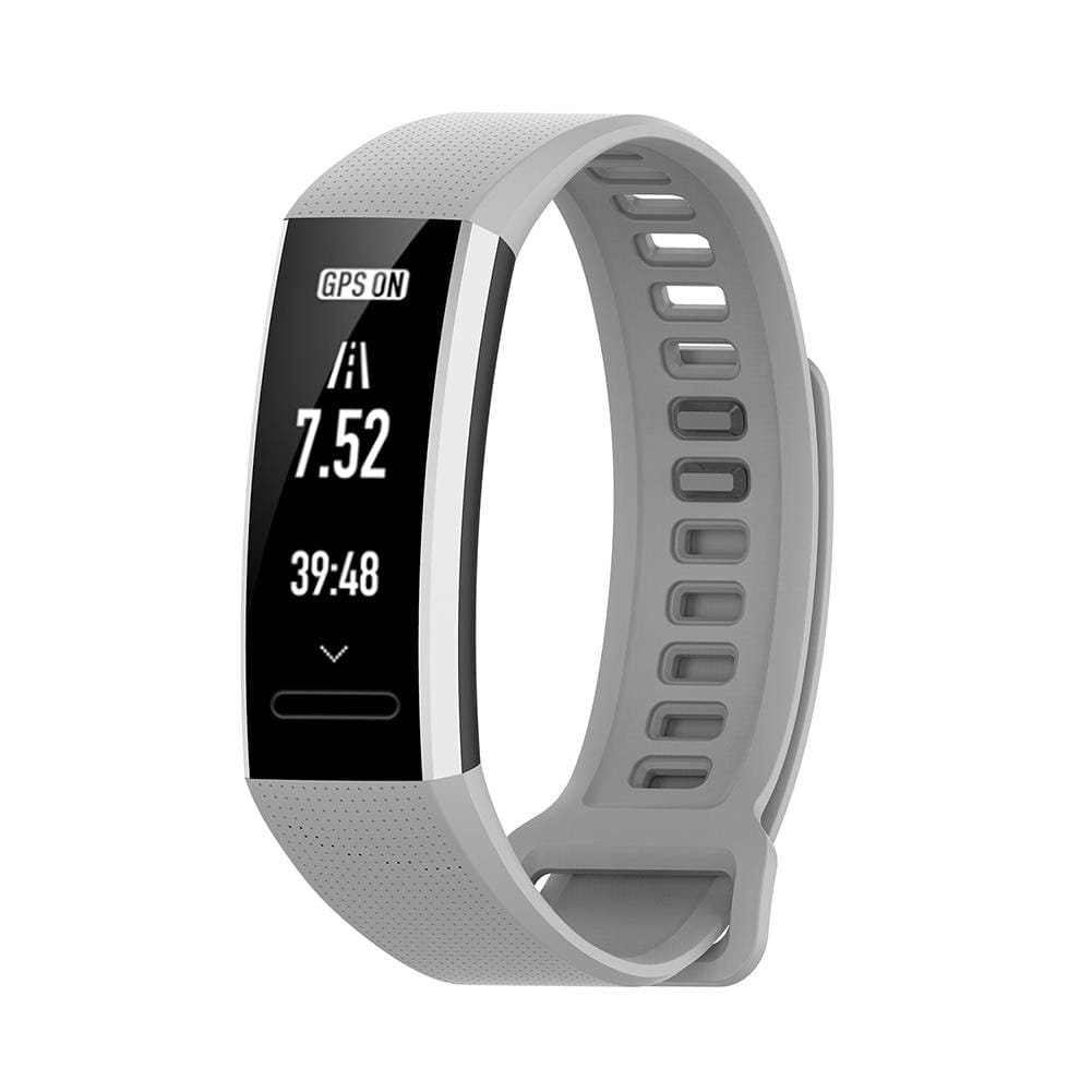 Bracelet en silicone gris pour Huawei Band 2 Pro, affichant un écran rectangulaire noir qui indique l’état du GPS et l’heure, avec une sangle de bracelet résistante, conçu avec un design de bracelet durable.