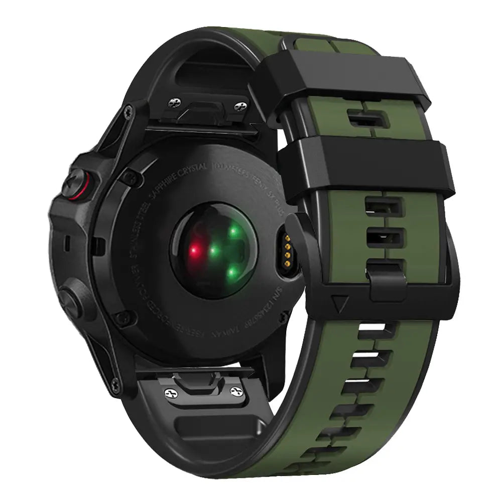 Olivgrünes und schwarzes Garmin Fenix Silikonarmband mit strukturiertem Material und sicherem Schnallendesign für Garmin Forerunner-Modelle