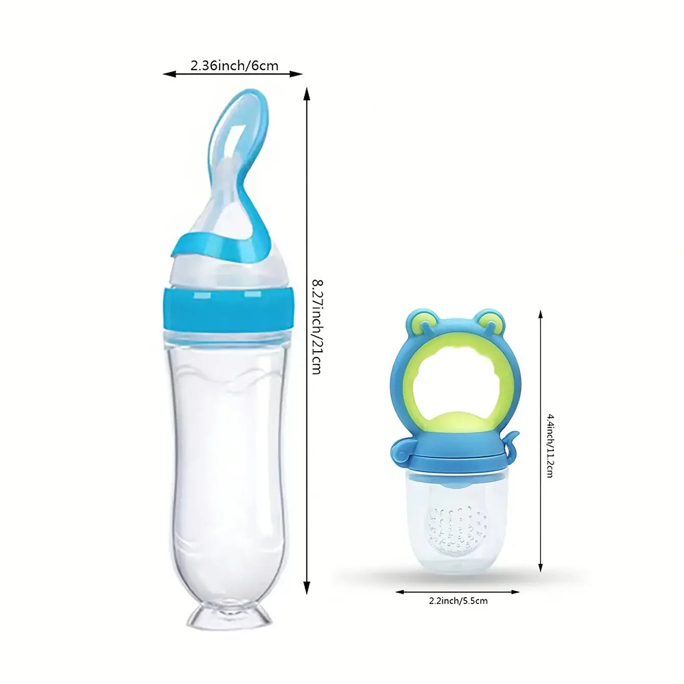 Blaues und klares Silikon-Babynahrungstrinkfläschchen mit Frosch-förmigem Griff aus dem Silikon-Babynahrungstrinkfläschchen- und Schnuller-Set.