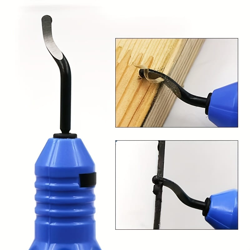 Blue plastic-handled electric wood carving tool with a curved metal blade used as a resin epoxy trimming tool manual jewelry cutter.