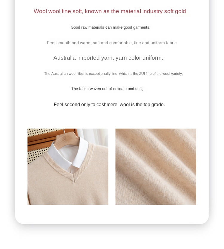 Beiger Herren-Merino-Cashmere-V-Ausschnitt-Pullover aus feiner, weicher australischer Wolle mit subtiler Struktur, kombiniert mit einem klaren weißen Kragen.