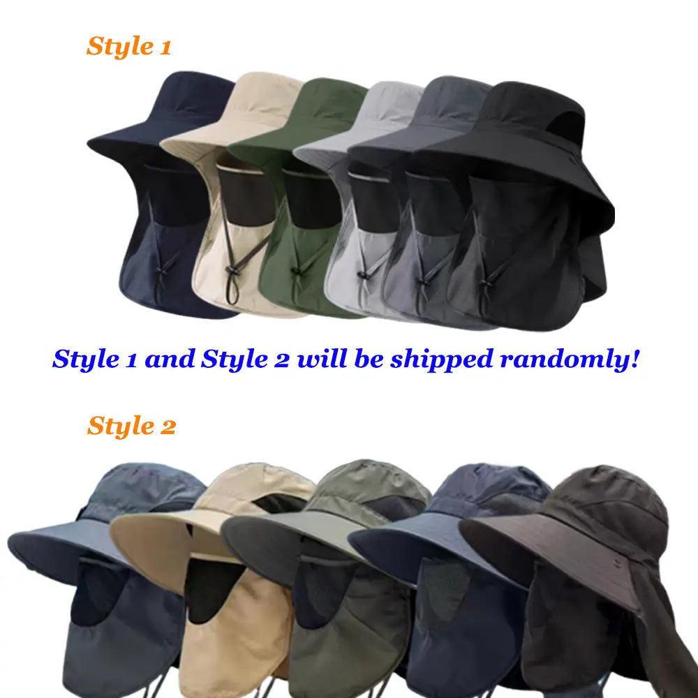Une collection de chapeaux de protection solaire à rabat pour la nuque, en couleurs unies, notamment bleu marine, beige, vert olive et gris, conçus pour la protection contre le soleil.