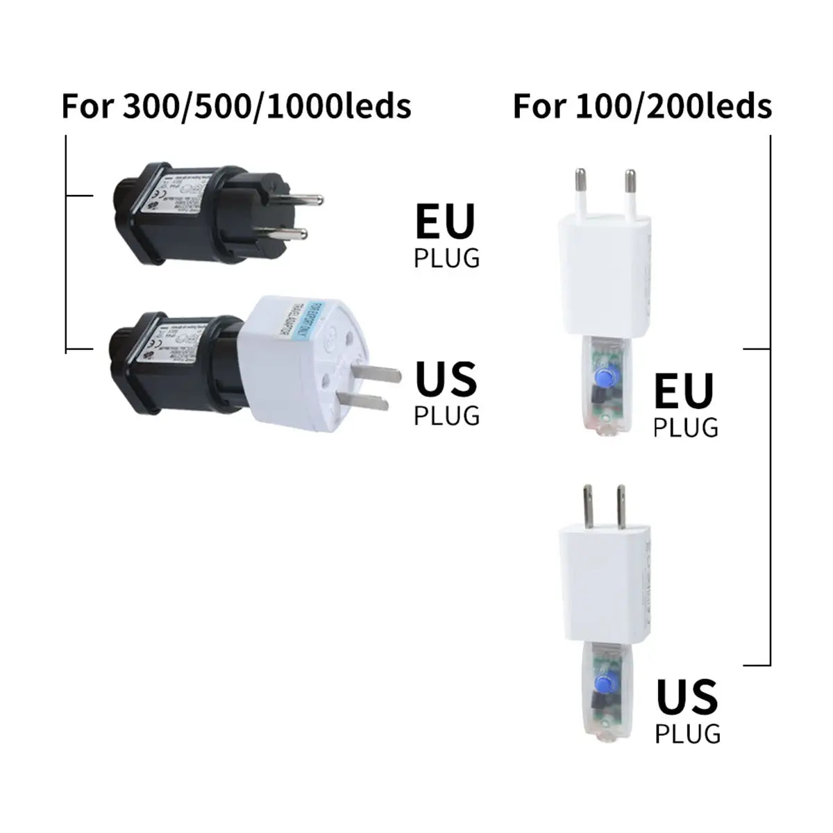 black and white led adapter plugs for eu or us outlets with visible circuitry designed for led string lights green wire outdoor fairy lights.
