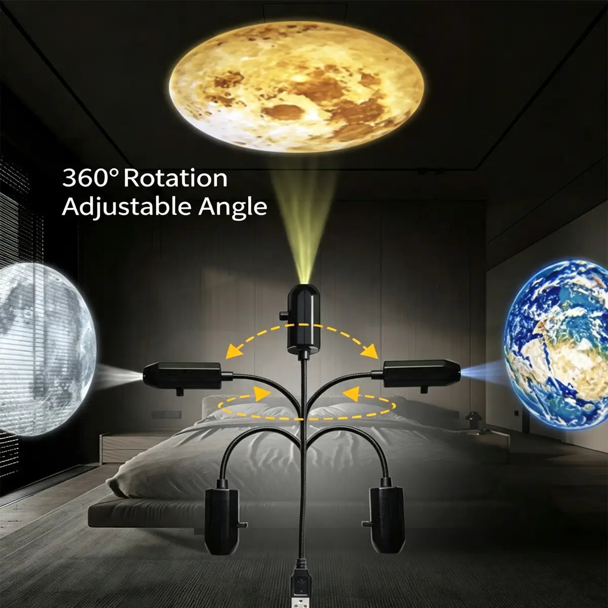 Lampe de projecteur mini LED noir à double bras multiples, avec angle réglable et rotation à 360°, conçue pour projeter des images réalistes de la lune et de la Terre sur les murs ou les plafonds dans le produit projecteur mini LED « ciel étoilé galaxie ».