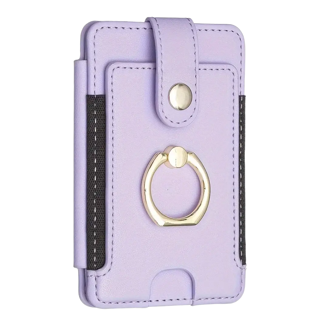 Lavender leather universal ring small card holder with gold-tone ring and black mesh side panels viewed from front