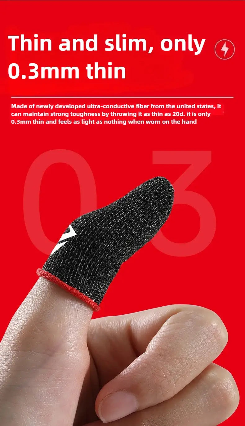 Black finger tab with red trim made of ultra-conductive fiber for gaming finger sleeves breathable sweatproof use.