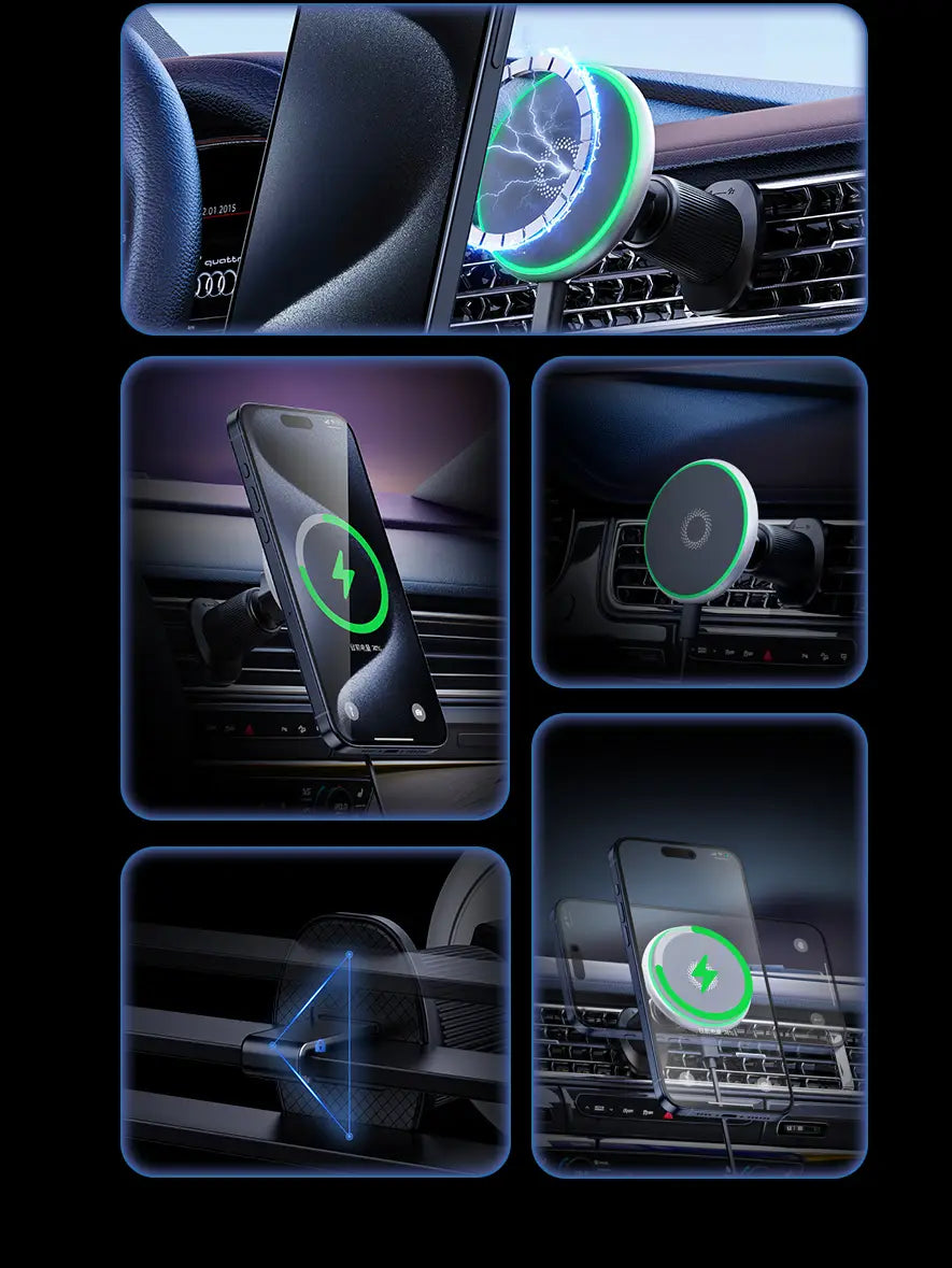 Montage de charge sans fil pour support de téléphone circulaire Ford F150 élégant, avec anneau lumineux vert et base de charge magnétique conçue pour les tableaux de bord de voiture.