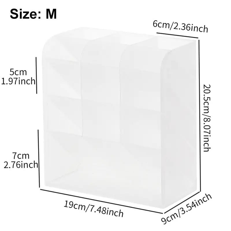 Clear plastic pen holder desktop stationery organizer in size m with labeled dimensions shown on the clear plastic storage box.