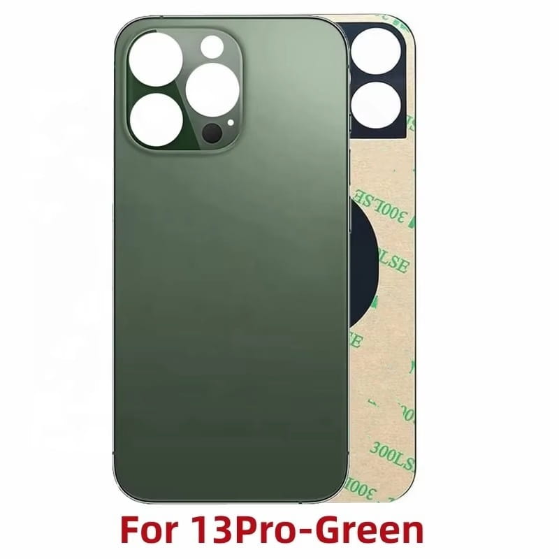 Panneau arrière en verre vert pour iPhone 13 Pro, en tant que vitre de couverture arrière de remplacement, affichant le côté arrière du produit.
