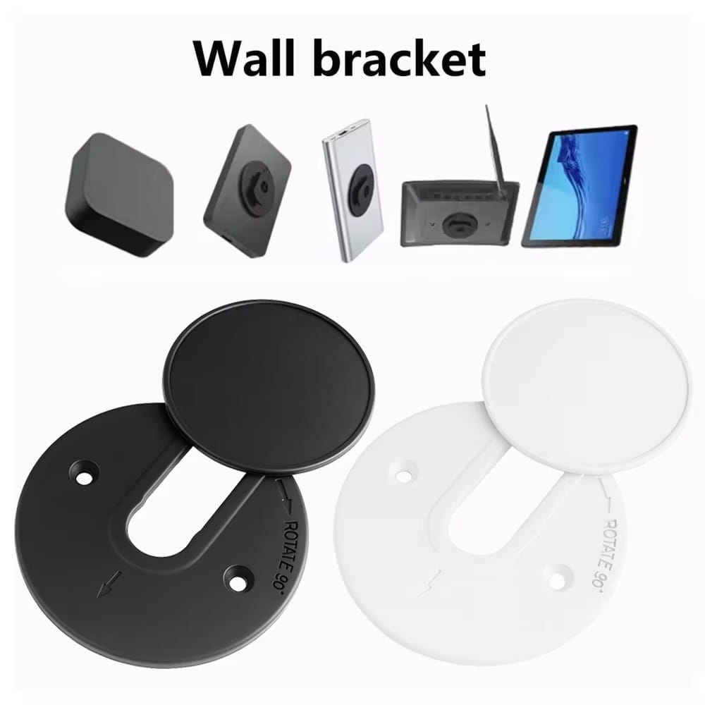 black and white circular tablet wall mount adjustable router holder with 90-degree rotation feature designed to hold various electronic devices securely, shown from the back side.