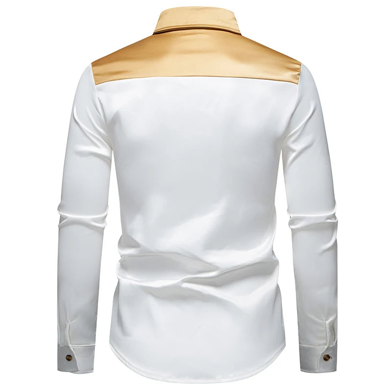 New Men's Satin Smooth Long Sleeve Shirts Fashion Luxury Color Blocked Tuxedo Shirt Wedding Party Prom Casual Shirt Business