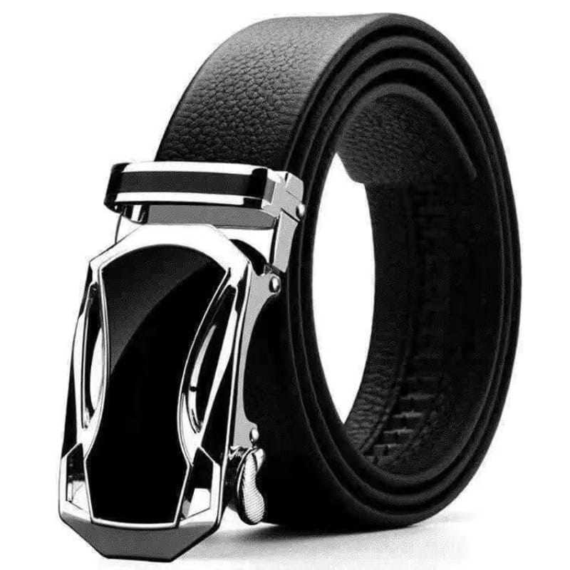 Ceinture en cuir noir avec boucle automatique ton argent élégante présentant un design géométrique moderne pour hommes.