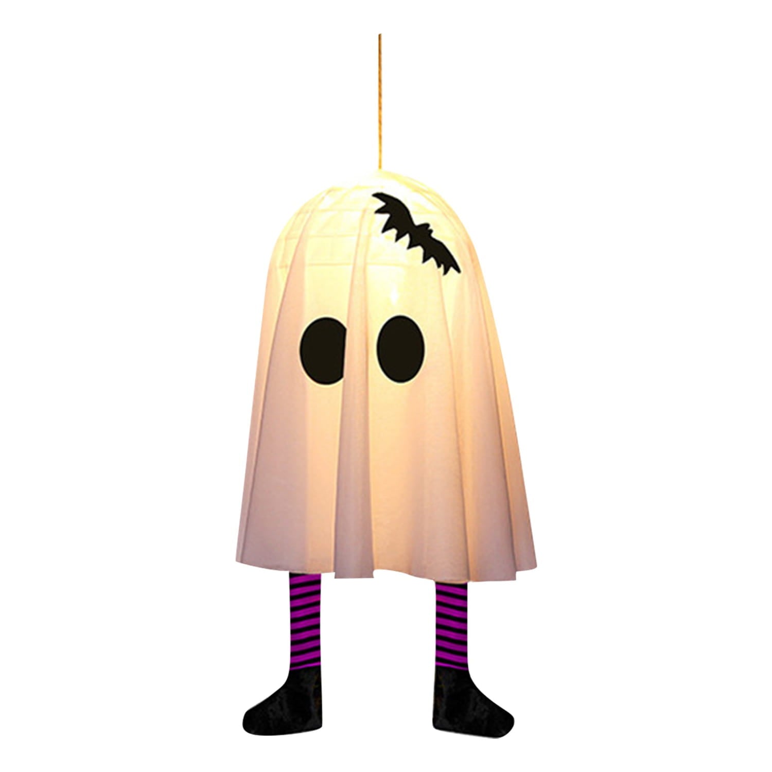 ein leuchtender durchscheinend-weißer geisterförmiger Halloween-Party-Dekorationsanhänger mit schwarzen runden Augen und einer Fledermaus-Silhouette auf dem Kopf, mit Märchenlichtern