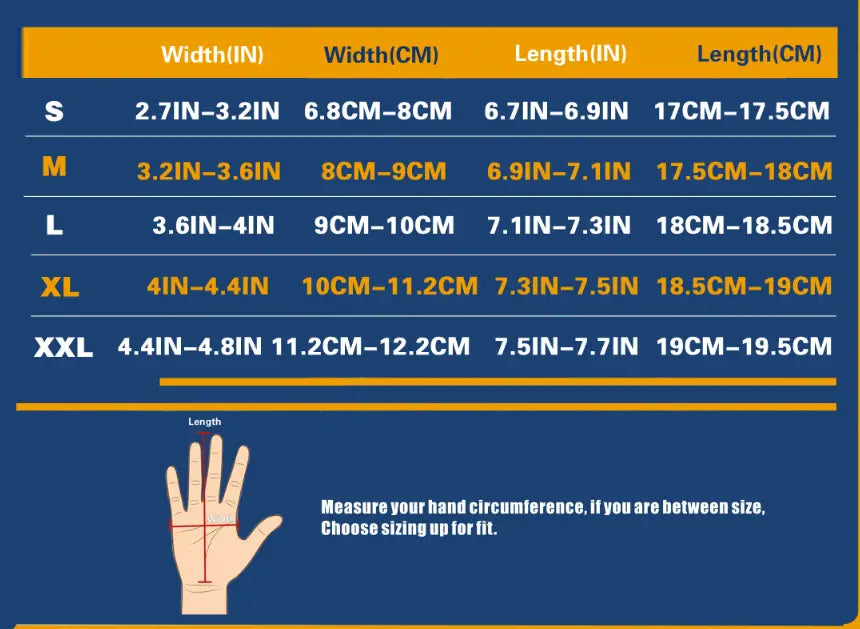 blue and yellow size chart for touchscreen work gloves for men and women displaying measurements in inches and centimeters for sizes s through xxl