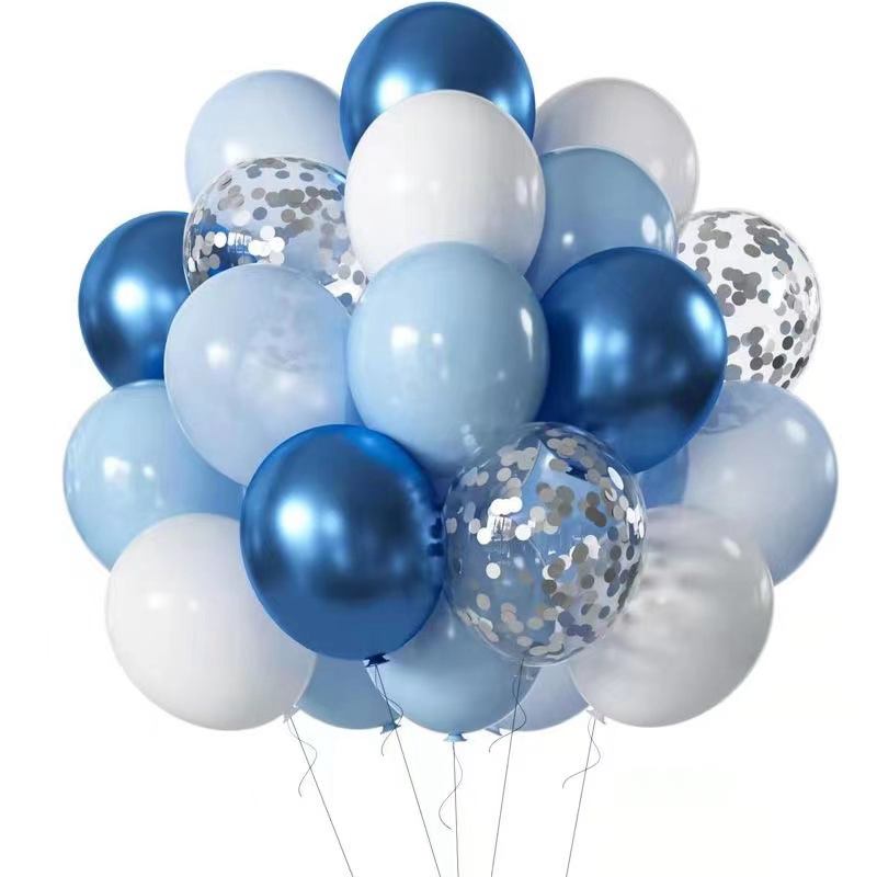 Un conjunto de globos de fiesta de látex metálico en azul y blanco con confeti plateado, adecuado para cumpleaños y eventos.