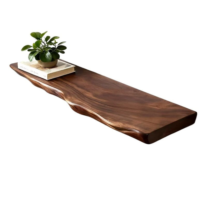 dark brown wooden floating shelf with a natural irregular live edge and visible wood grain designed as a wall farmhouse wooden shelves piece