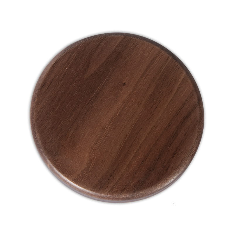 Dark brown walnut wood wireless charging pad with a smooth polished finish and visible wood grain providing 15w fast charging.