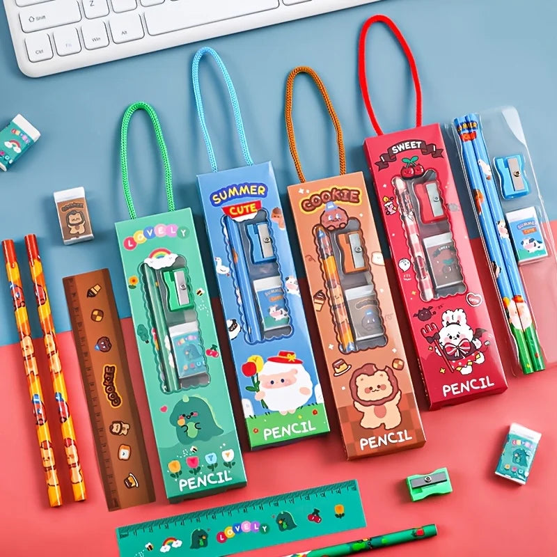 40 Pieces/8 Sets of Cute Stationery Gift Packs, 5/1 Set of Back-To-School Stationery, Each Set Includes a Pencil, Eraser, Sharpener, Ruler (Style/Color Random), High-Quality Stress-Relief Animal Stationery Set, Essential for