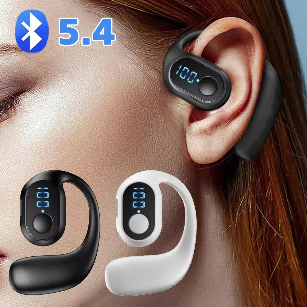 Écouteurs Bluetooth sans fil à crochet pour oreille en noir et blanc, avec technologie Bluetooth 5.4, affichage numérique LED à l’aide de DEL et conception ergonomique du crochet pour un ajustement sécurisé.