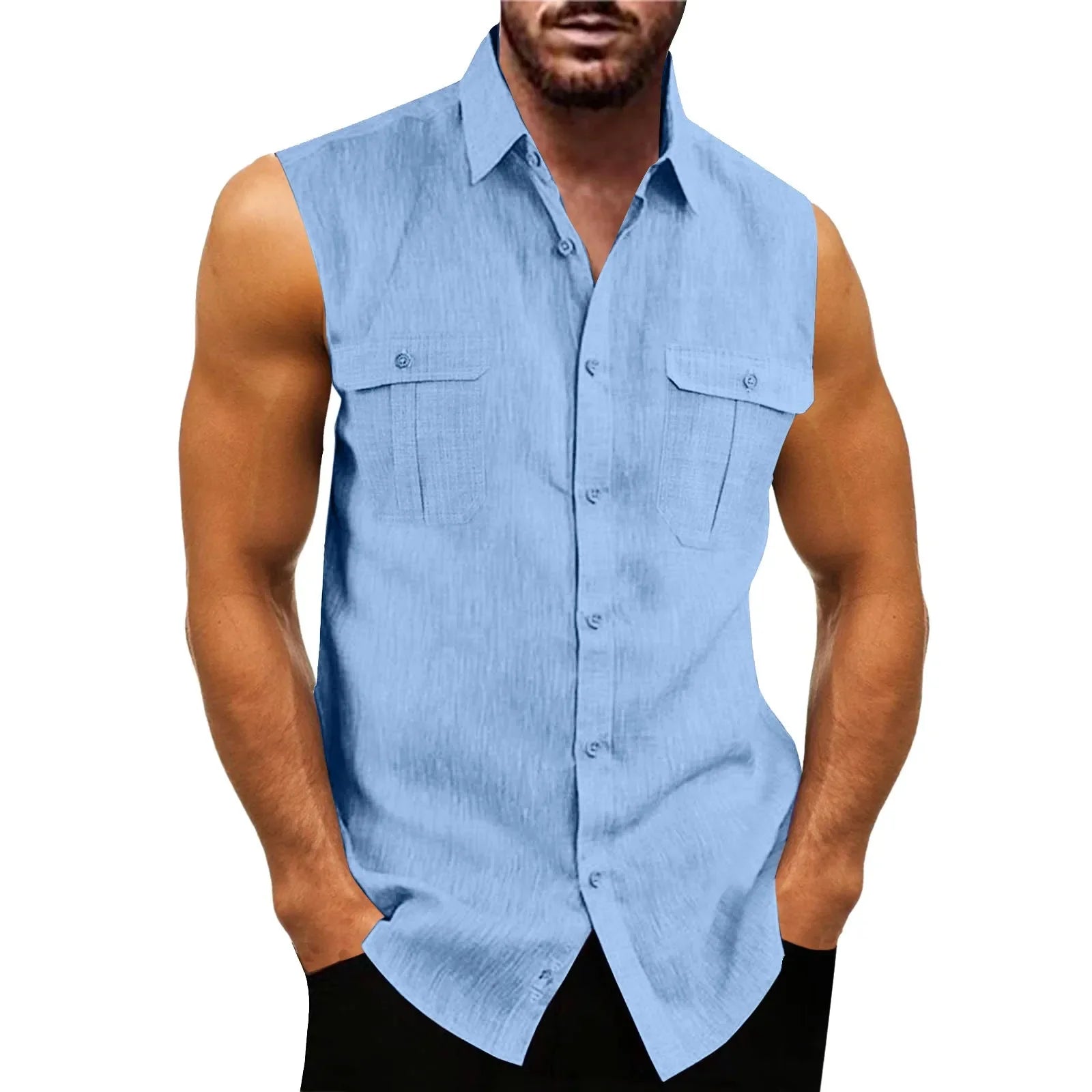 Light blue men’s cotton linen sleeveless button-up shirt with two chest pockets and a collar.