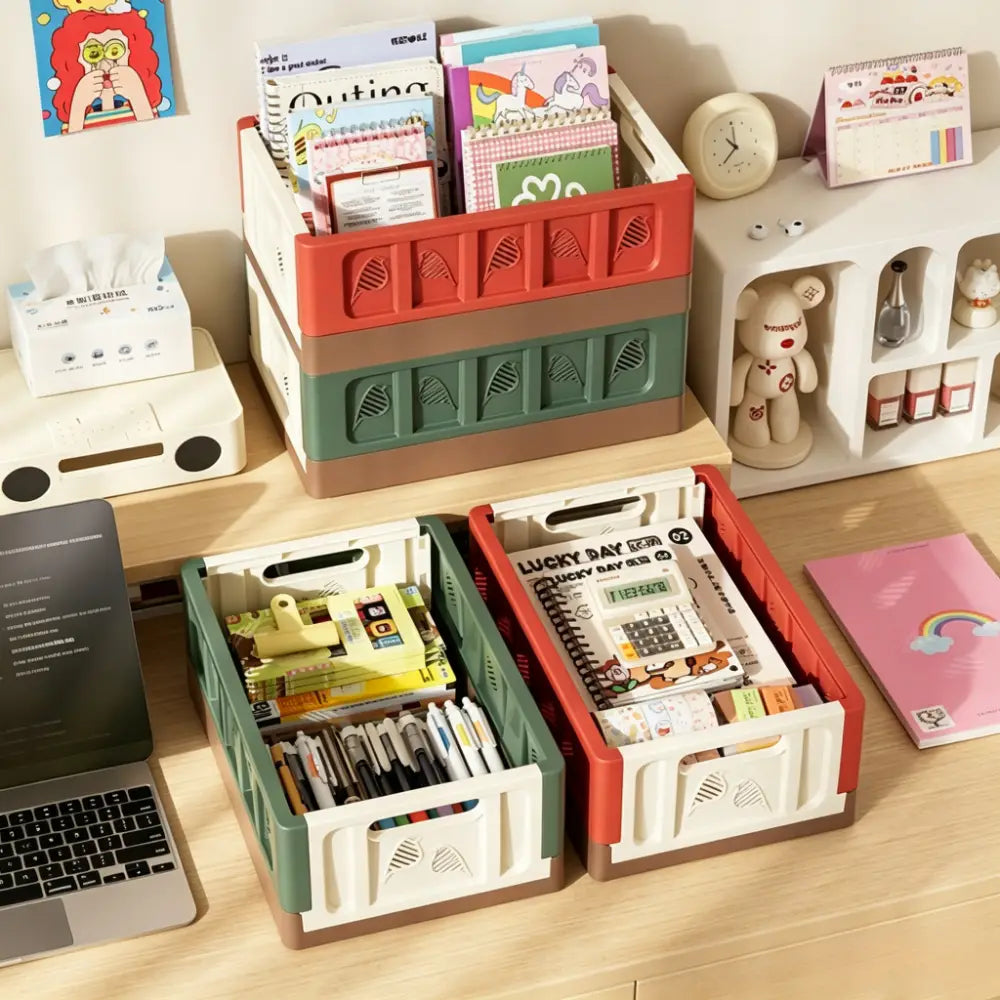 Foldable storage basket plastic stackable organizer with actual goods shown in red green and beige plastic crates featuring leaf-shaped cutouts without chromatic aberration.