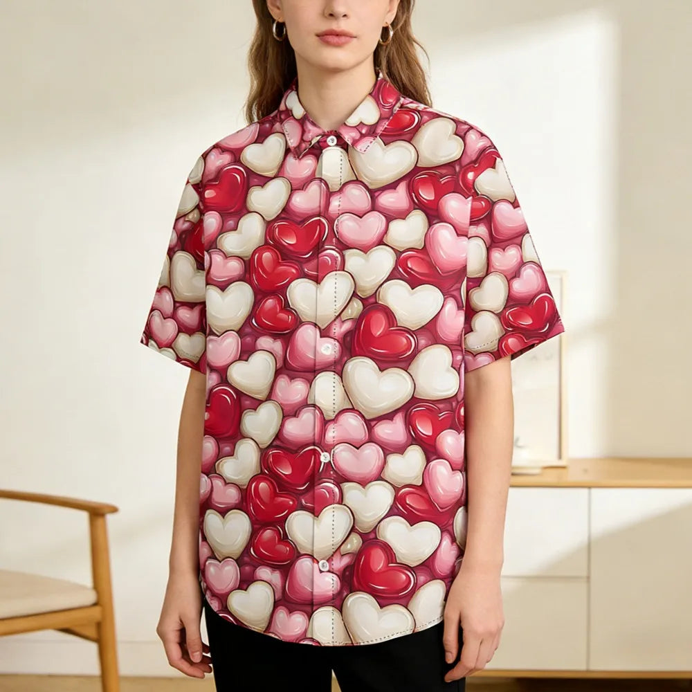 Valentine's Day Themed Men's & Women's Casual Shirt Romantic Short Sleeve Red Pink White Heart Print Loose Fit Button Down Shirt