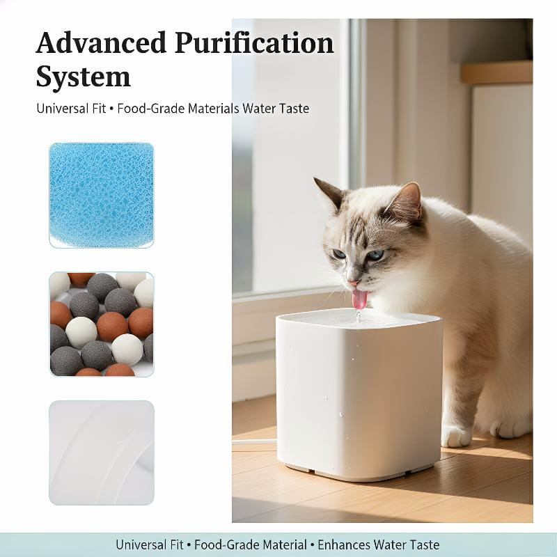white cylindrical pet water fountain with a sleek modern design for providing fresh drinking water in the cat water fountain filters replacement 5 pack.