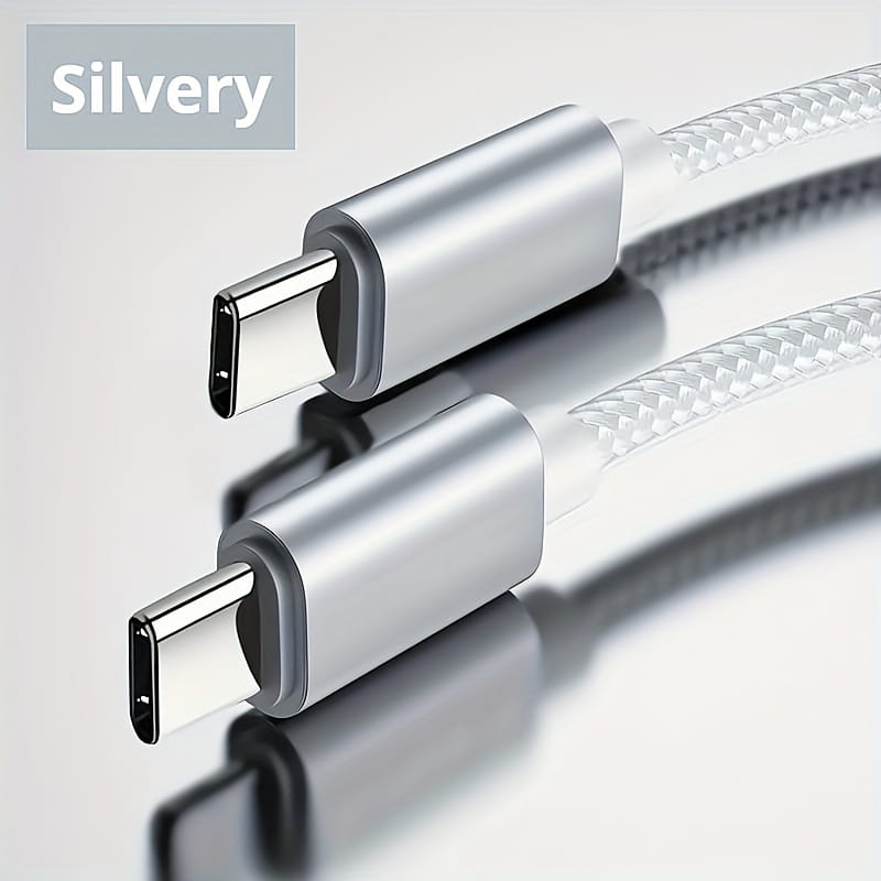 silver usb-c fast charging cable with braided white and gray exterior for type-c to type-c connections providing 60w power delivery