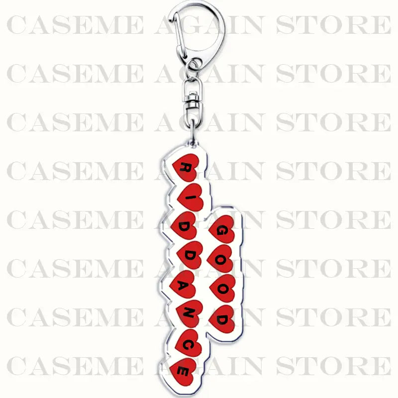 A clear acrylic keychain for anime fans featuring the word riddance in red hearts with a silver metal clasp by Gracie Abrams.