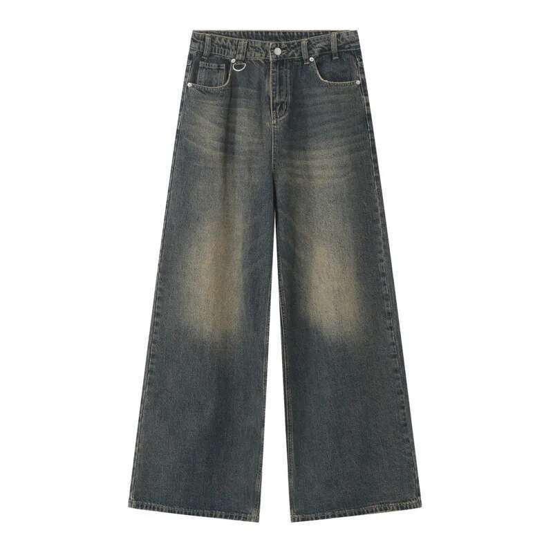 Dark wash denim wide leg jeans with faded distressing from Iefb camouflage collection.