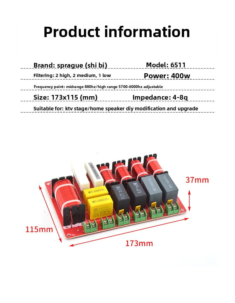 Red printed circuit board 5-way speaker crossover featuring black yellow and white capacitors with green terminal blocks designed for high power KTV stage audio systems.