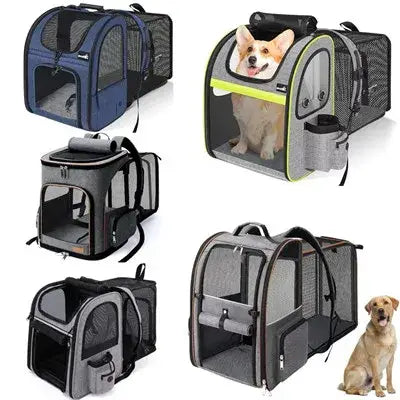 Mochila de viaje para mascotas de tela Oxford con malla gris y negra, con correas ajustables y bolsillos laterales, para caminatas y suministros para mascotas.