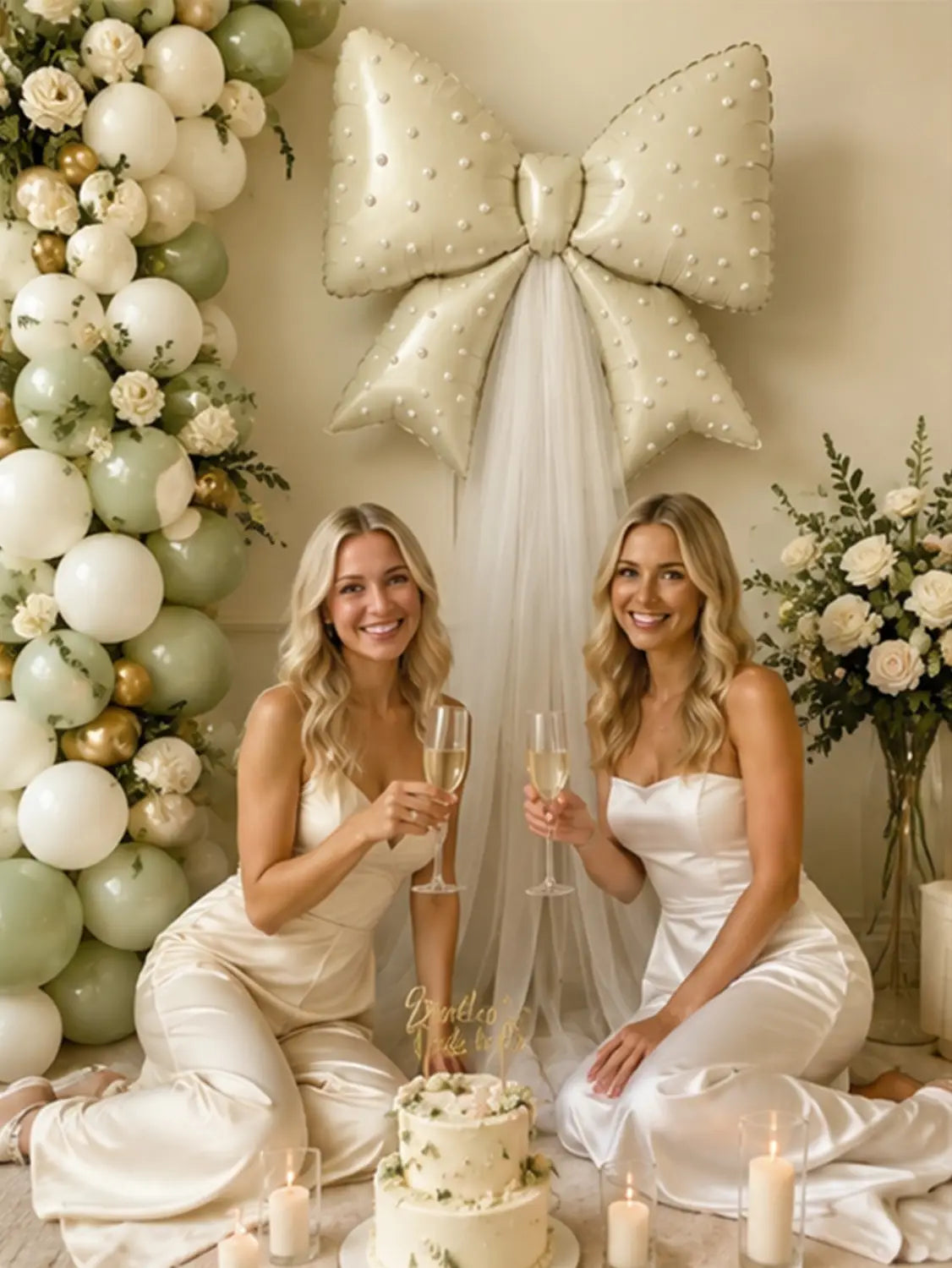 Un grand nœud décoratif pour ballon de mariage de couleur crème, orné de points évoquant des perles, avec un voile en tulle transparent fixé, pour une décoration de mariage élégante.