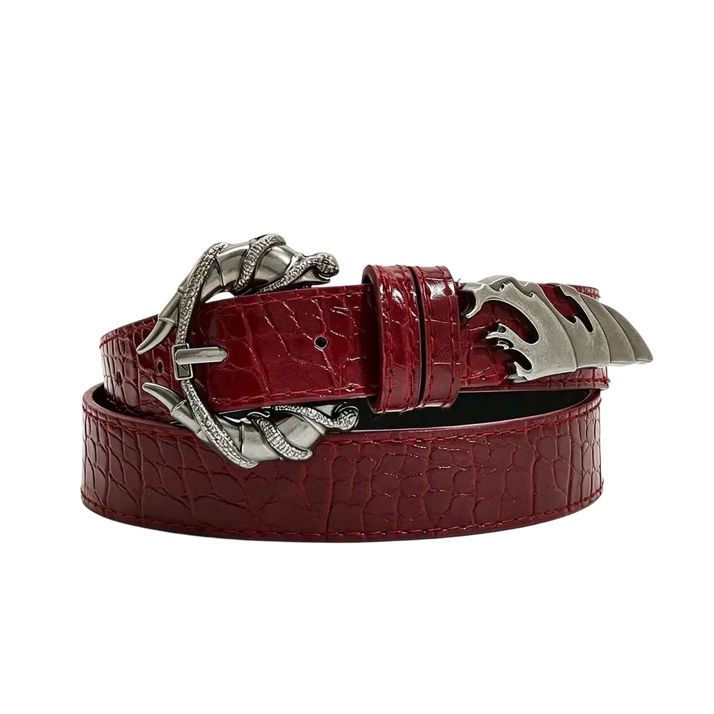 A rich burgundy crocodile textured leather belt with an ornate silver dragon claw buckle for belt designer punk style