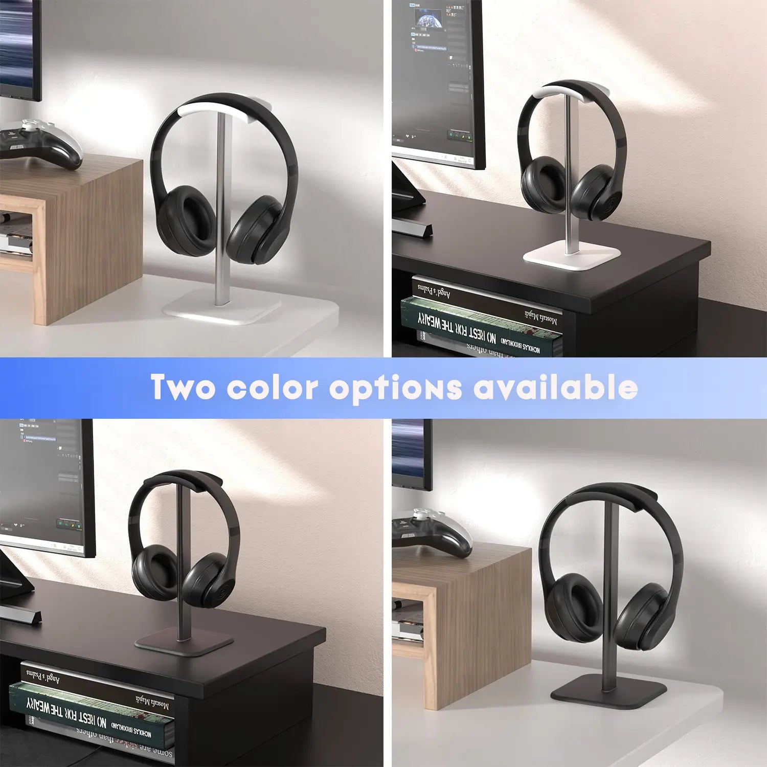 black over-ear headphones resting on a sleek minimalist matte aluminum headphone stand designed as an earphone stand for organized storage
