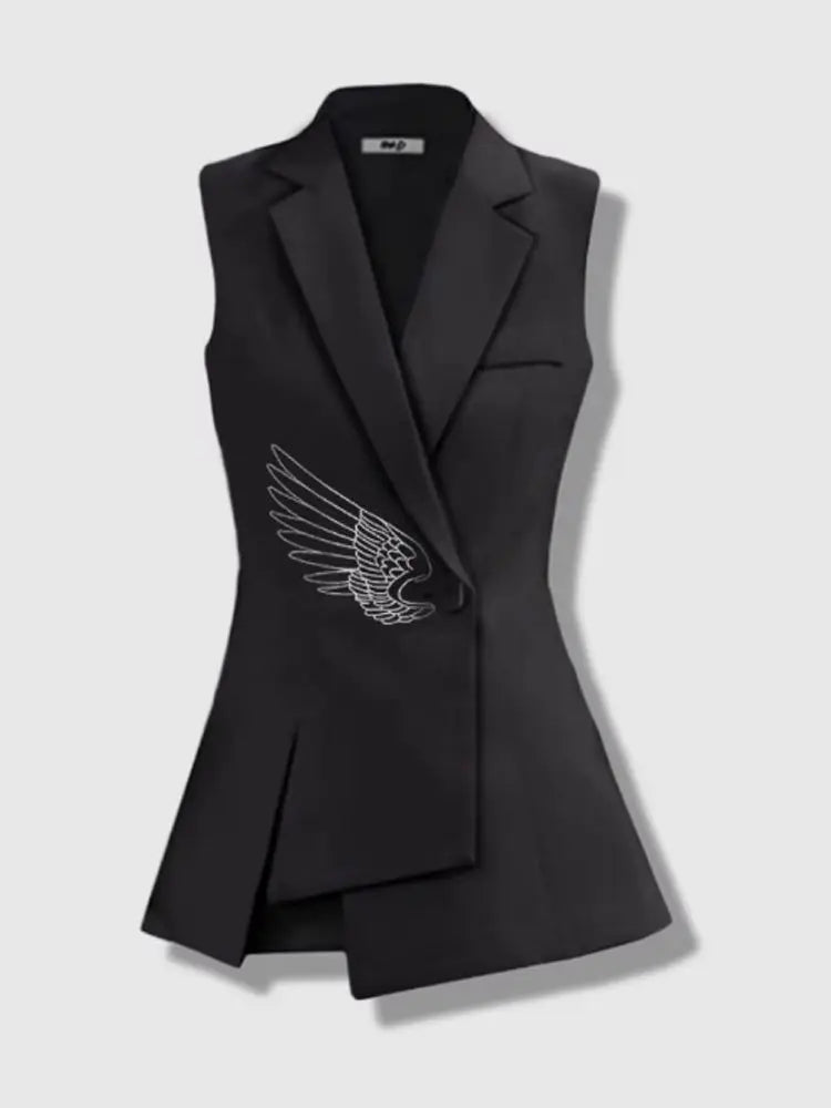 Brand Designer Black Blazers Vest Wings Printed Waistcoats Notched Single Button Asymmetric Sleeveless Vests Temperament Women