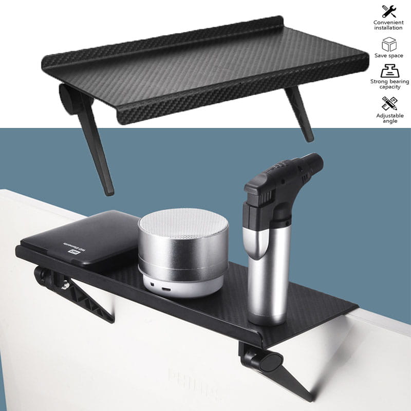 Black carbon fiber textured adjustable screen top storage shelf monitor stand with clip-on design and adjustable angle for desk mounting.