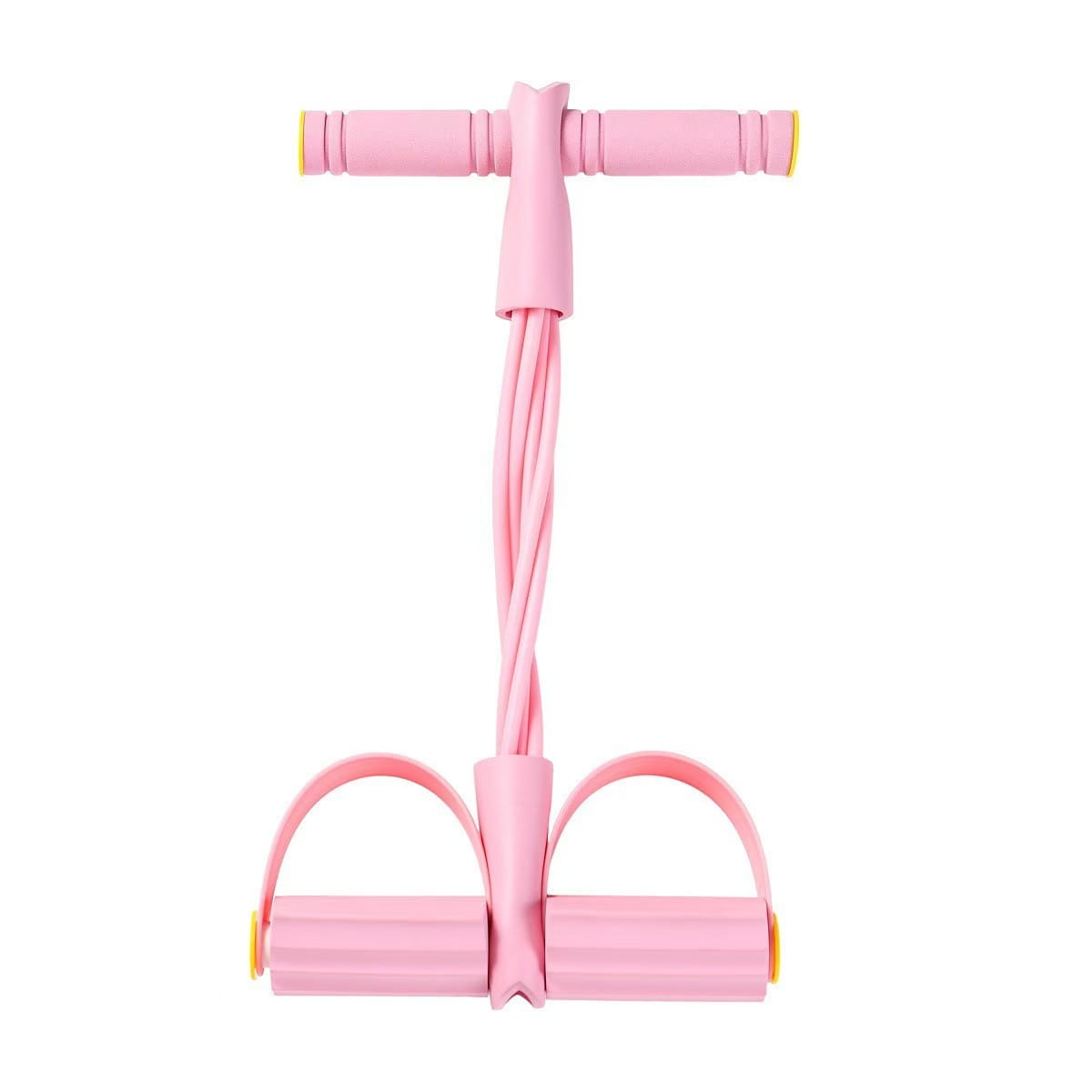 pink rubber 6-tube pedal resistance band fitness equipment with yellow accents on handles and foot loops for strength training exercises
