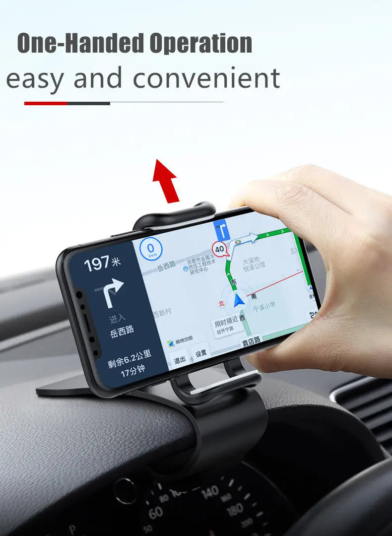 Black plastic car phone holder with adjustable clamps and suction cup base for one-handed operation shown from the back side, featuring 360 rotatable universal dashboard mount.