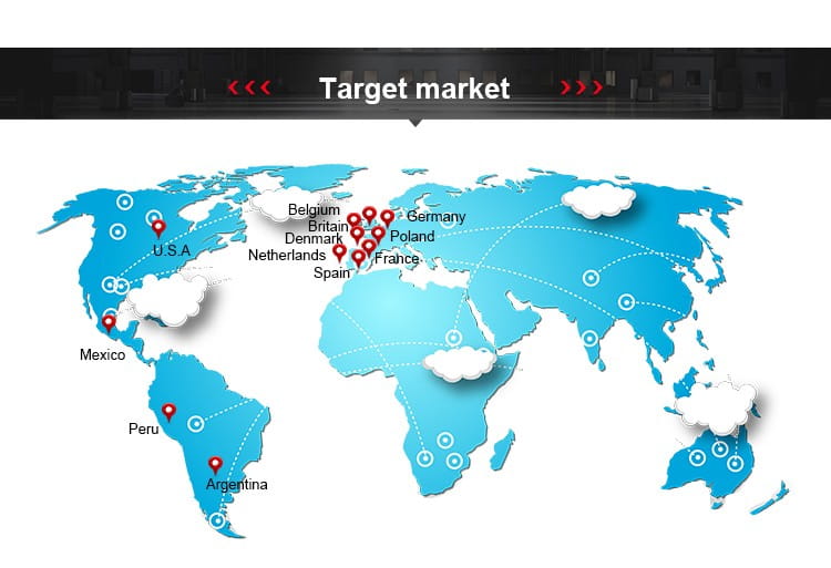 Blue world map graphic with red and white pins marking target market locations for the commercial 2-tier dumbbell rack product.
