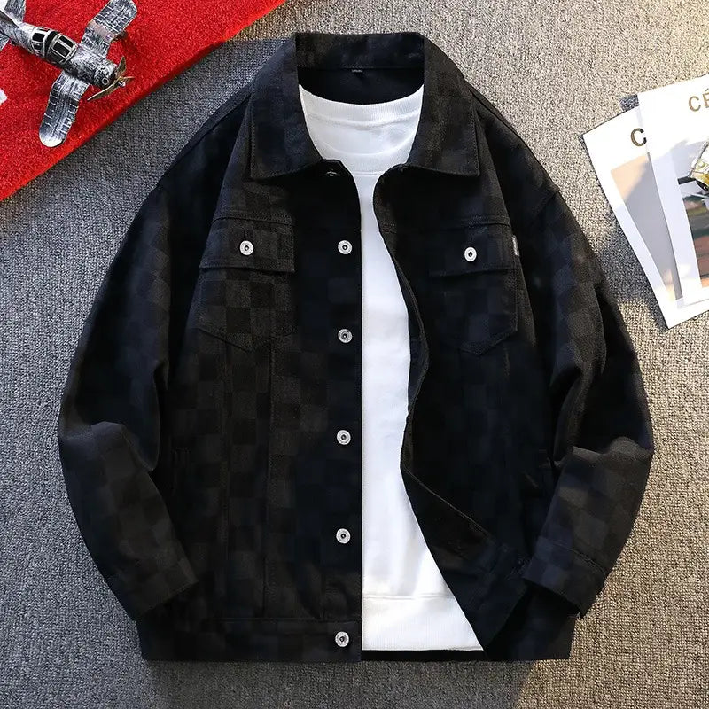 Black checkered oversized denim jacket with silver buttons and a white t-shirt underneath for men streetwear.