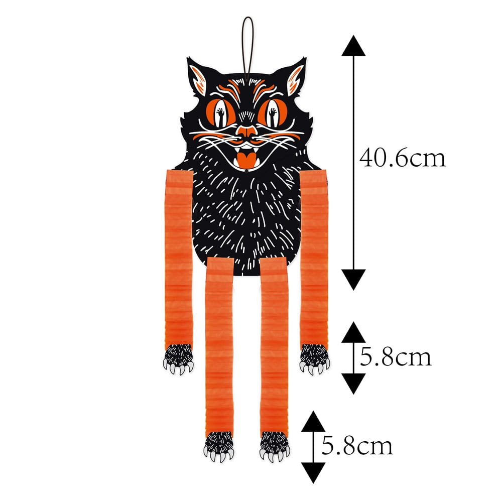 Ein schwarzer und orangefarbener Halloween-Papierschmuckanhänger im 4er-Set mit einer Katzen-Piñata mit gestreiften Armen und Beinen sowie einem cartoonhaften Gesicht mit weiten Augen und geöffnetem Mund.