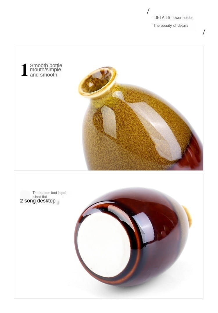 A flower glaze ceramic vase home decor item featuring a glossy gradient glaze transitioning from golden brown to deep burgundy with a smooth rounded body and polished flat base.